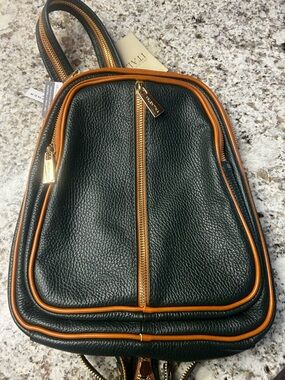 Valentina Dark Green leather backpack purse with Tan Trim & Gold Accents